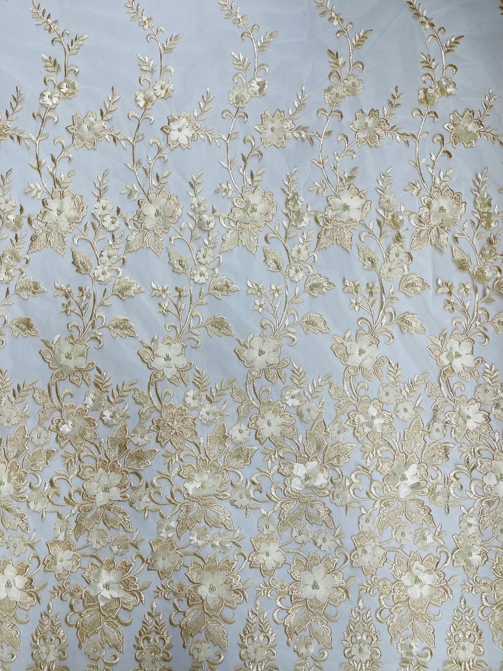 3D Scalloped Border Fabric - Champagne - 3D Flowers Embroidered on Lace Sold By Yard