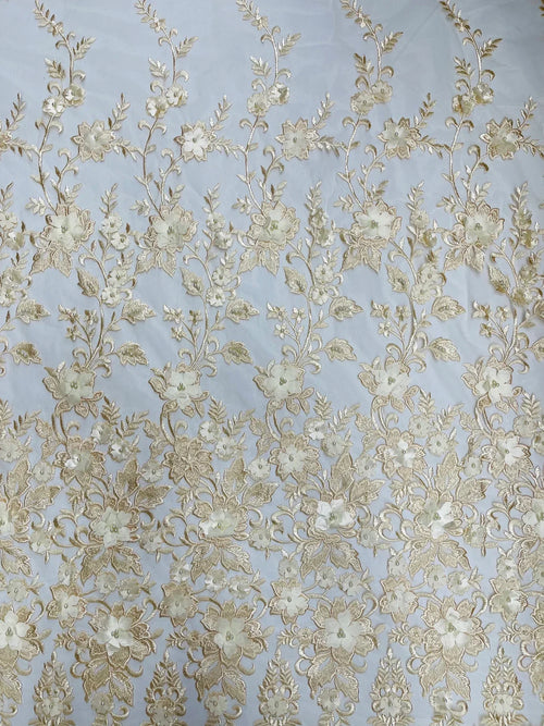 3D Scalloped Border Fabric - Champagne - 3D Flowers Embroidered on Lace Sold By Yard