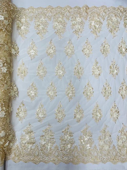 3D Fancy Floral Design Fabric - Champagne - 3D Flower Fabric with Small Beads on Lace Sold By Yard