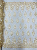 3D Fancy Floral Design Fabric - Champagne - 3D Flower Fabric with Small Beads on Lace Sold By Yard