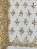 Beaded Floral Fabric - Champagne - Floral Cluster Design Fabric with Damask Border by Yard