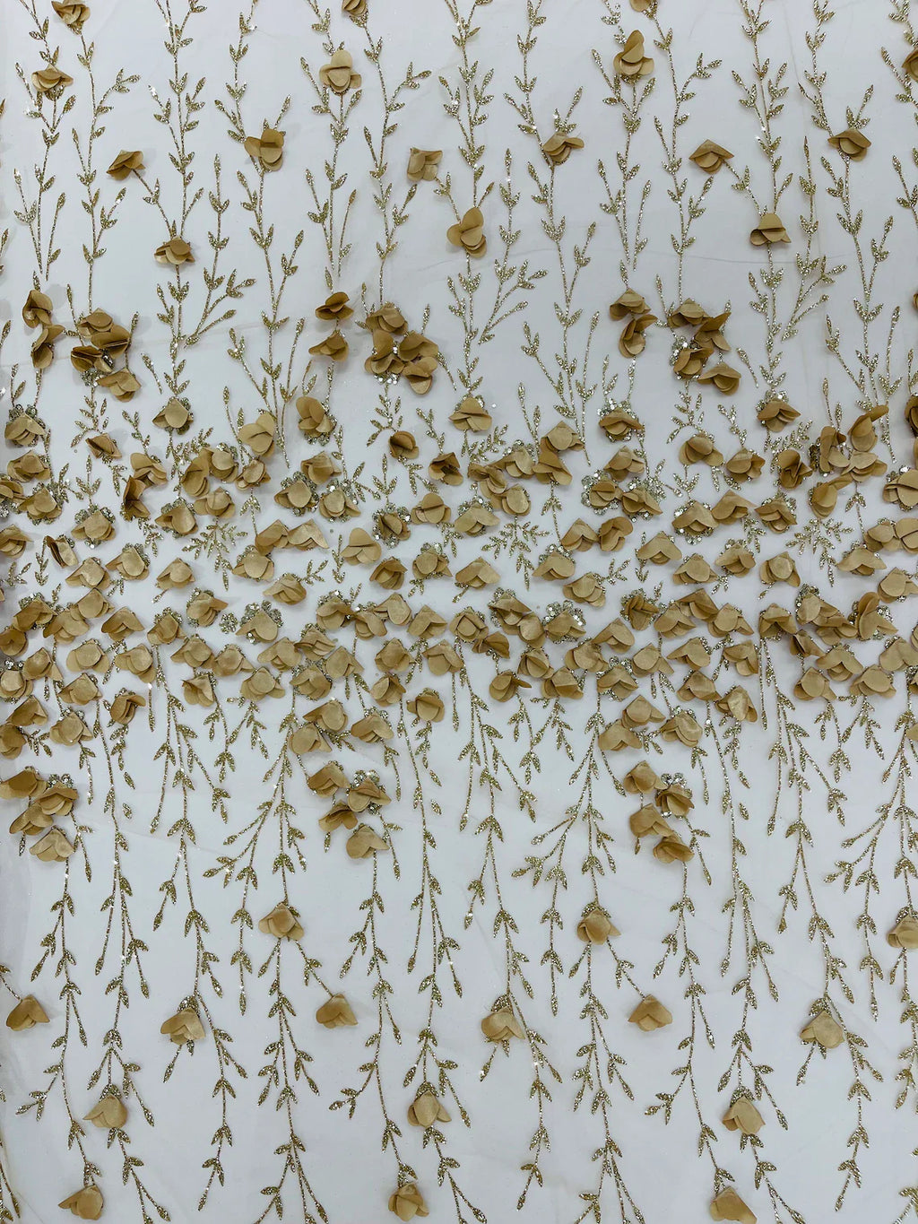3D Flower Glitter Fabric - Champagne - Flower Design on Glitter Mesh Fabric Sold By Yard