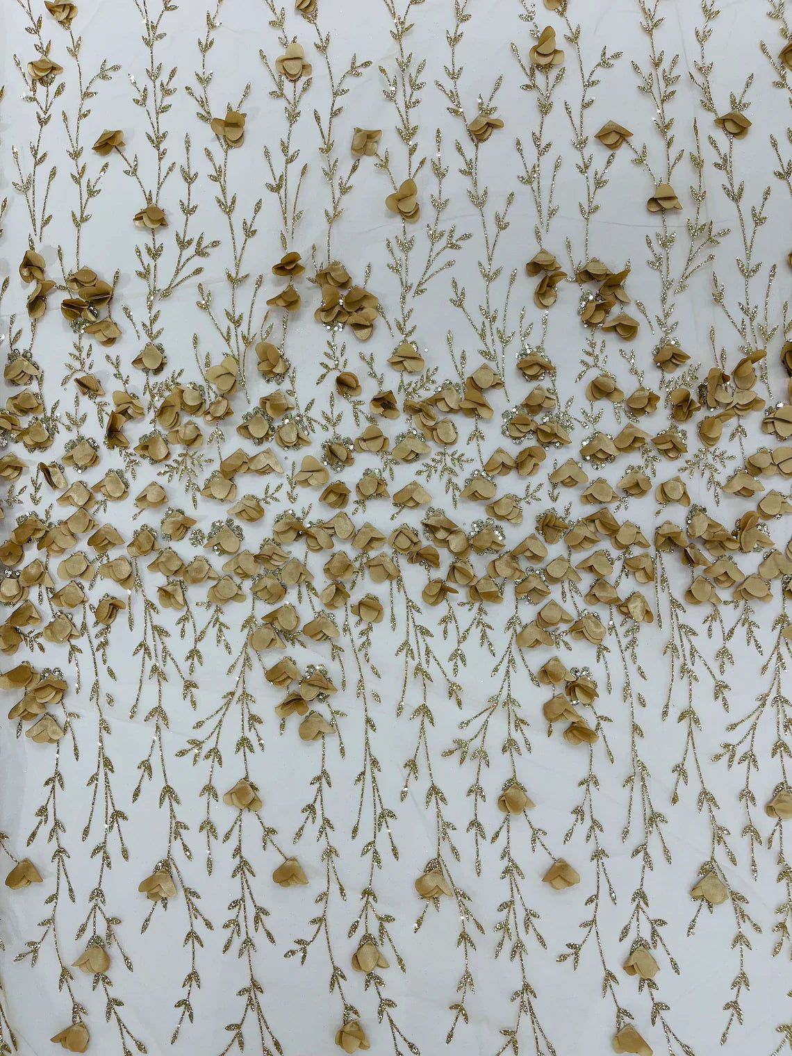 3D Flower Glitter Fabric - Champagne - Flower Design on Glitter Mesh Fabric Sold By Yard