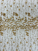 3D Flower Glitter Fabric - Champagne - Flower Design on Glitter Mesh Fabric Sold By Yard