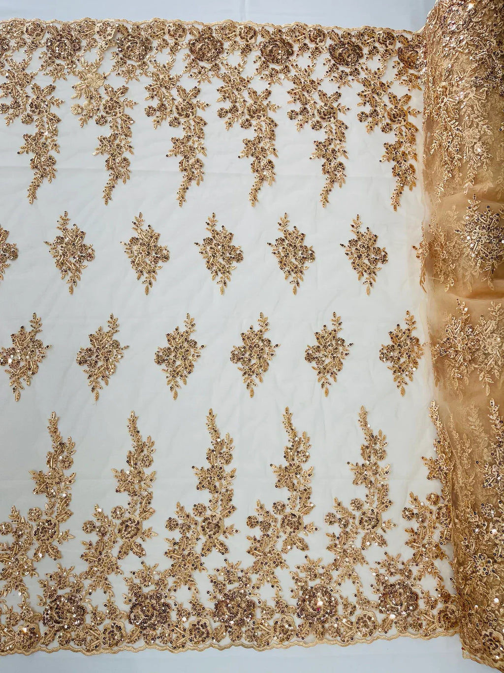 Beaded Rose Flower Fabric - Champagne - Embroidered Beaded Long Border Floral Fabric By Yard