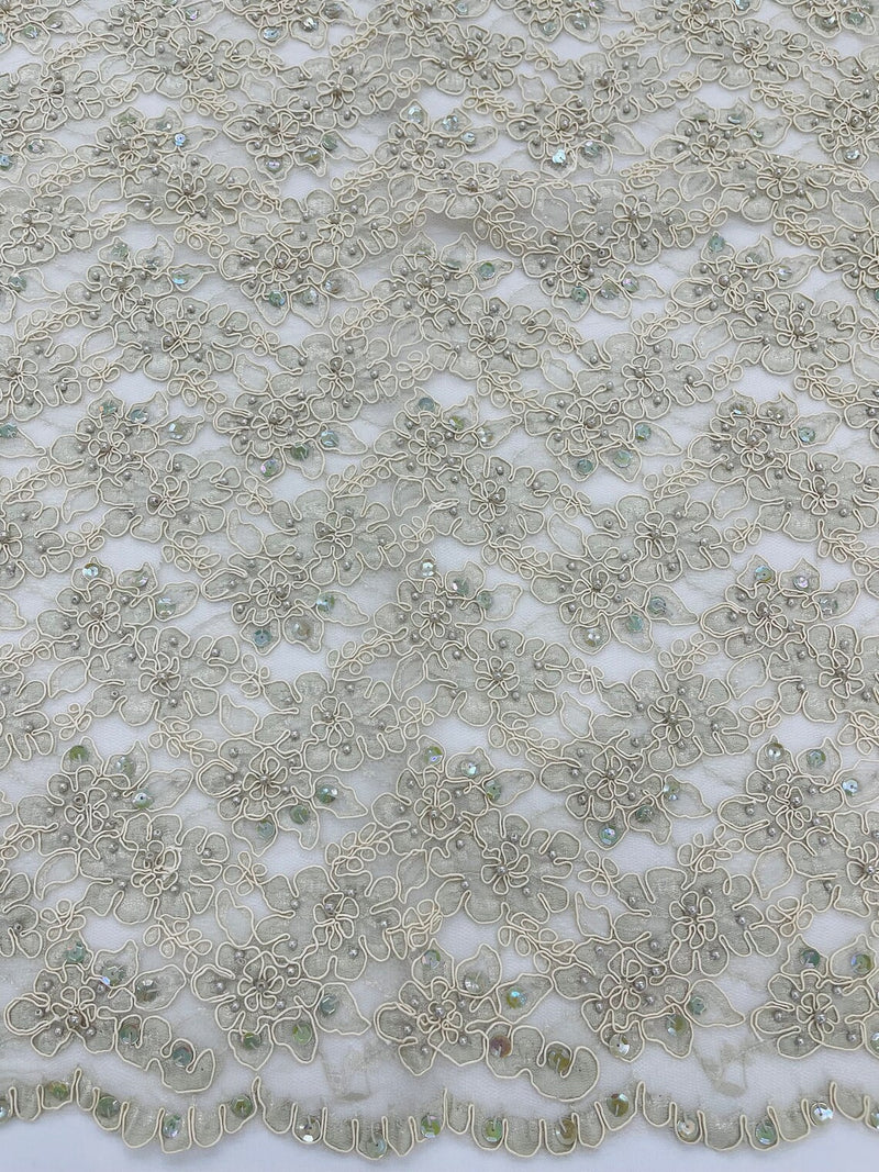 Floral Pearls and Sequins Fabric - Champagne - Beaded Fabric Embroidered Lace By The Yard