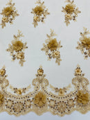 3D Floral Pearl Design - Champagne - Floral Embroidered Pearls and Sequins Fabric By Yard