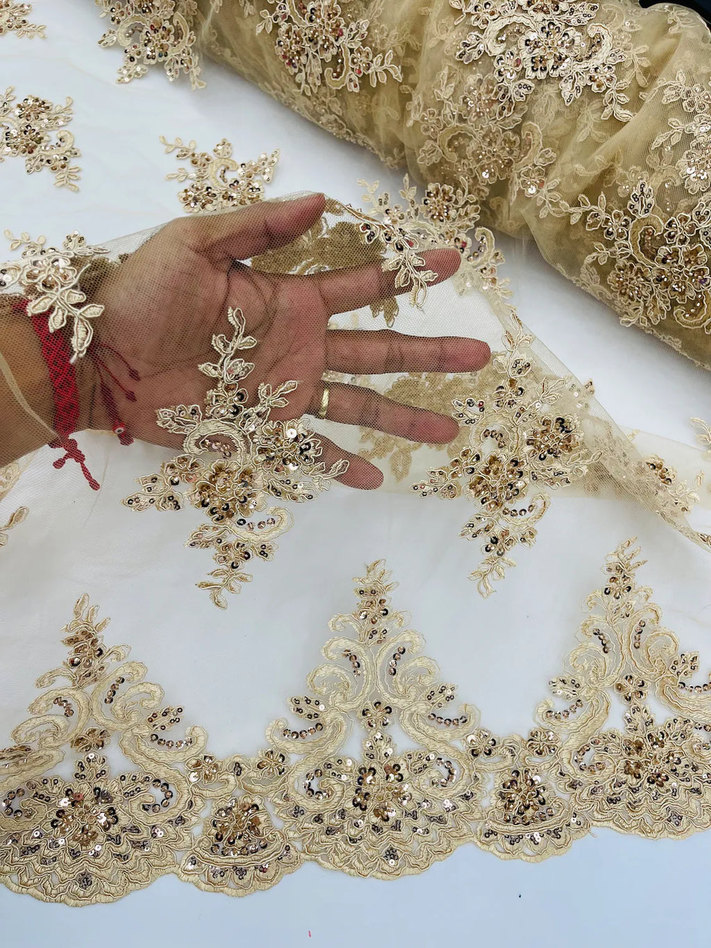 Beaded Floral Fabric - Champagne - Floral Cluster Design Fabric with Damask Border by Yard