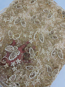 Butterfly Sequins Fabric - Champagne - Metallic Floral Butterfly Design on Lace Fabric By Yard