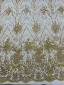 Damask Glitter Fabric - Champagne - Geometric Glitter Design Fabric on Mesh by Yard