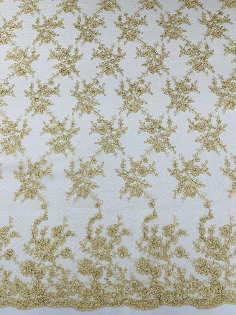 Embroidered Corded Lace Fabric - Champagne - Cluster Fancy Flower Embroidered Lace Fabric By Yard