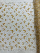 3D Butterfly Beaded Fabric - Champagne - Beaded Sequins Butterfly Embroidered Fabric By Yard
