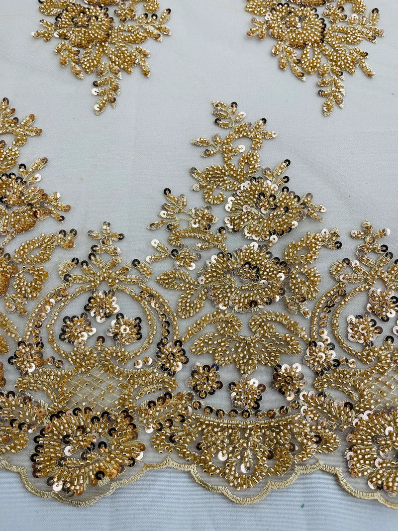 Heavy Beaded Floral Fabric - Champagne - Luxury Heavy Duty Bead Bridal Floral Cluster Lace Fabric by the yard