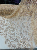 Beaded Swirl Design Fabric - Champagne - Swirl Design with Beads and Sequins on Lace by Yard