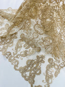 King Lace Pattern Fabric - Champagne - Embroidered Sequins on Lace Mesh Fabric By Yard     4231