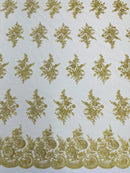 Floral Lace Flower Fabric - Champagne - Floral Embroidered Fabric with Sequins on Lace By Yard