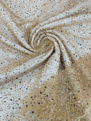 3D Beaded Mesh Fabric - Champagne - Embroidered Beaded Lace Mesh Fabric with Small Sequins Sold By Yard