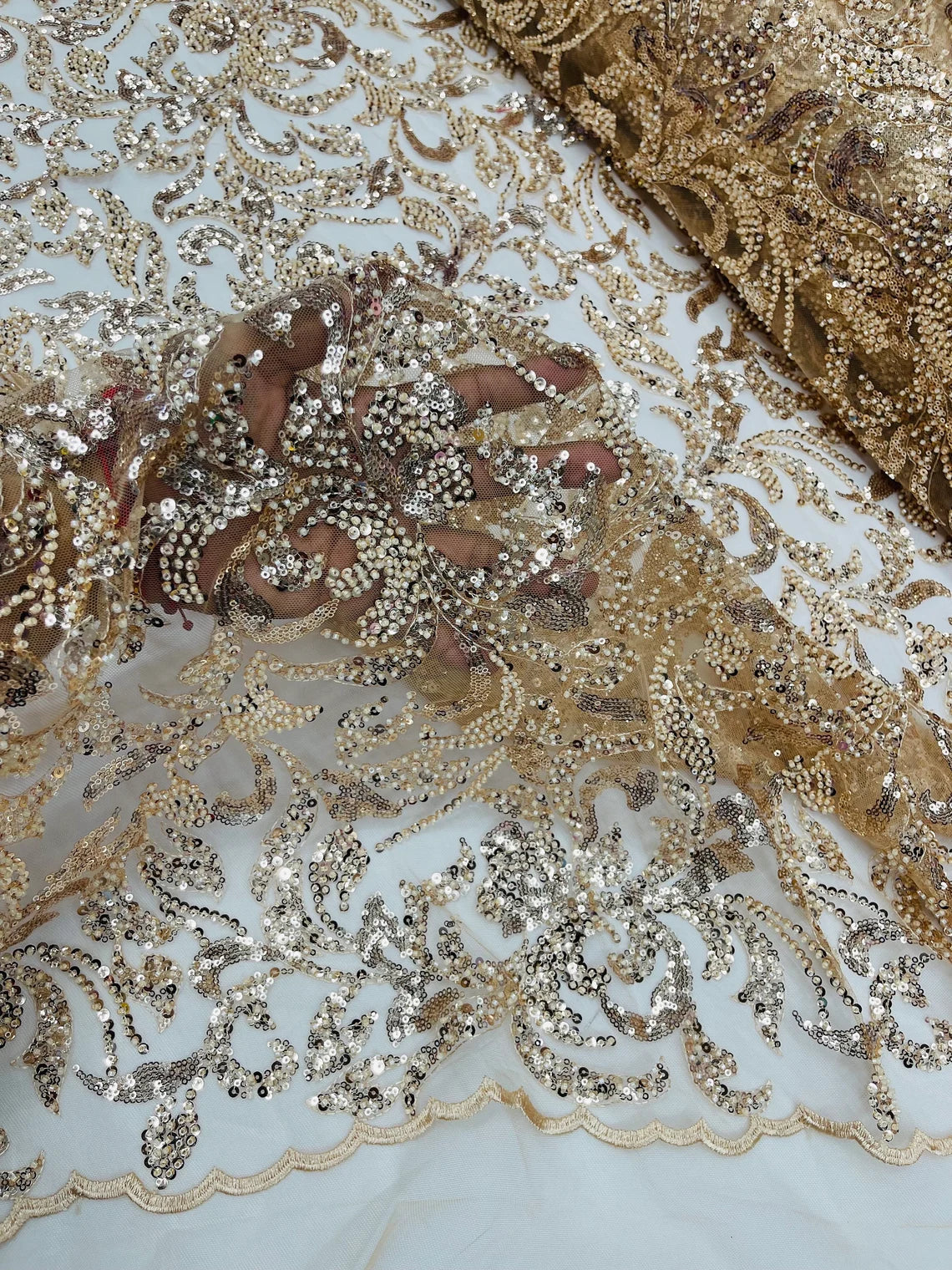 Beaded Flower Leaf Fabric - Champagne - Shiny Beads and Sequins in Flower Design on Lace by Yard