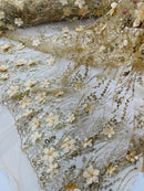 3D Glitter Floral Design Fabric - Champagne - Floral Line Design Embroidered Sequins Fabric by Yard