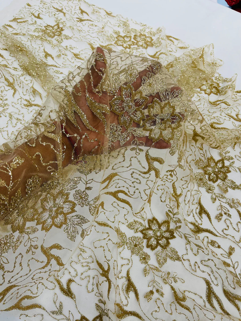 Flower Glitter Fabric - Champagne - 3D Floral Tulle Fabric for Wedding, Quinceañera By Yard