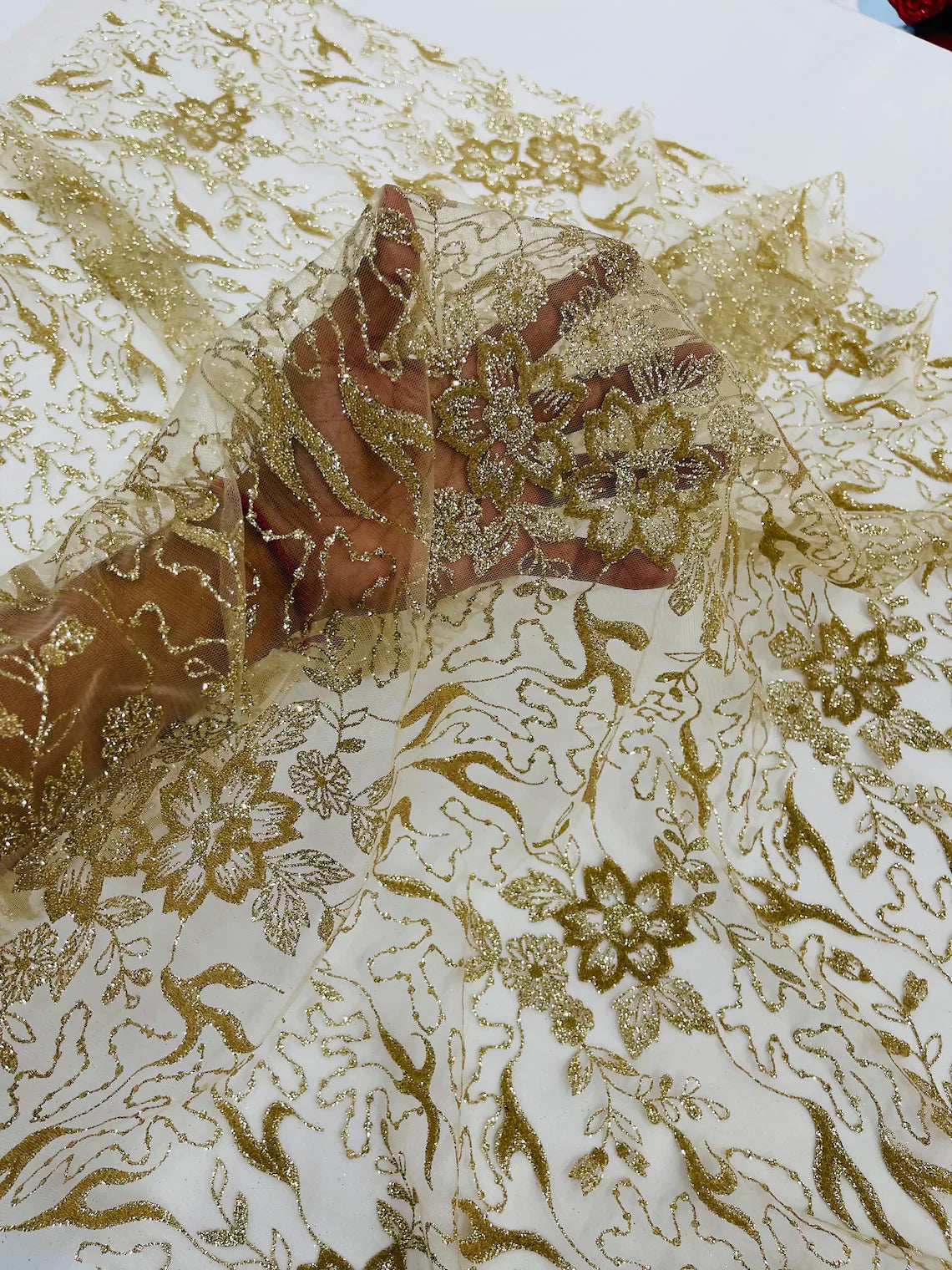 Flower Glitter Fabric - Champagne - 3D Floral Tulle Fabric for Wedding, Quinceañera By Yard