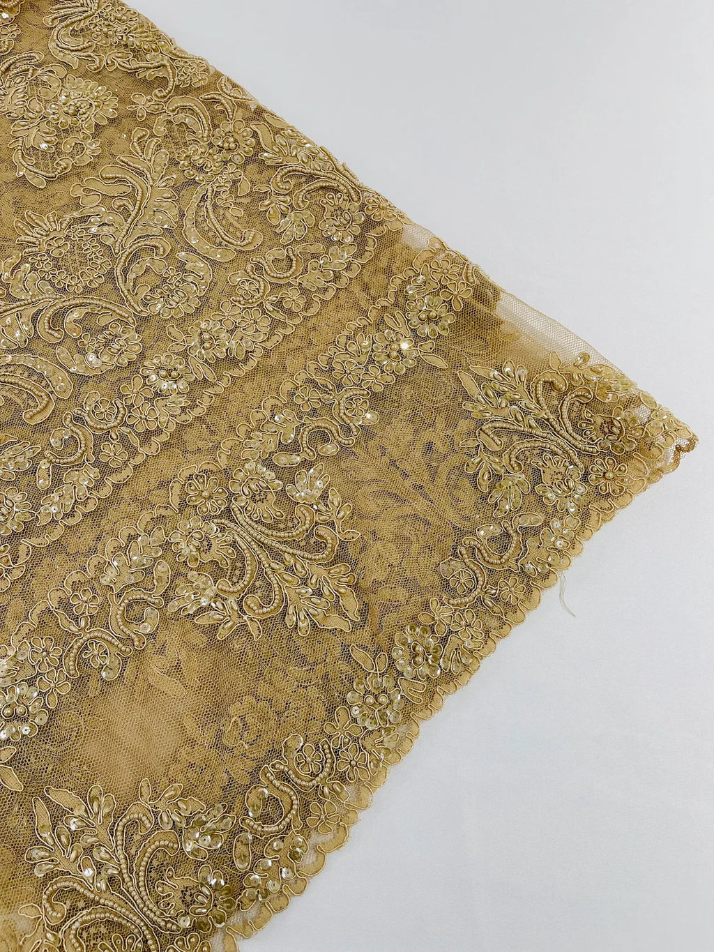 Beaded My Lady Damask Design - Champagne - Beaded Fancy Damask Embroidered Fabric By Yard