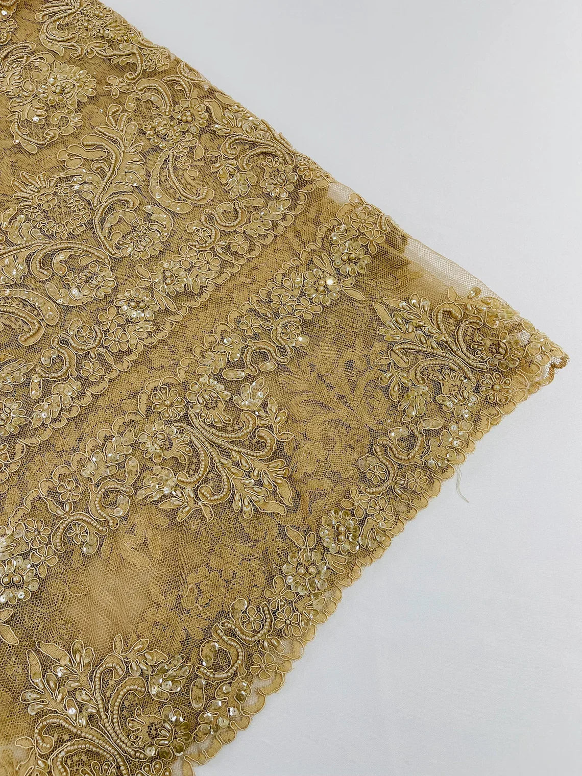 Beaded My Lady Damask Design - Champagne - Beaded Fancy Damask Embroidered Fabric By Yard