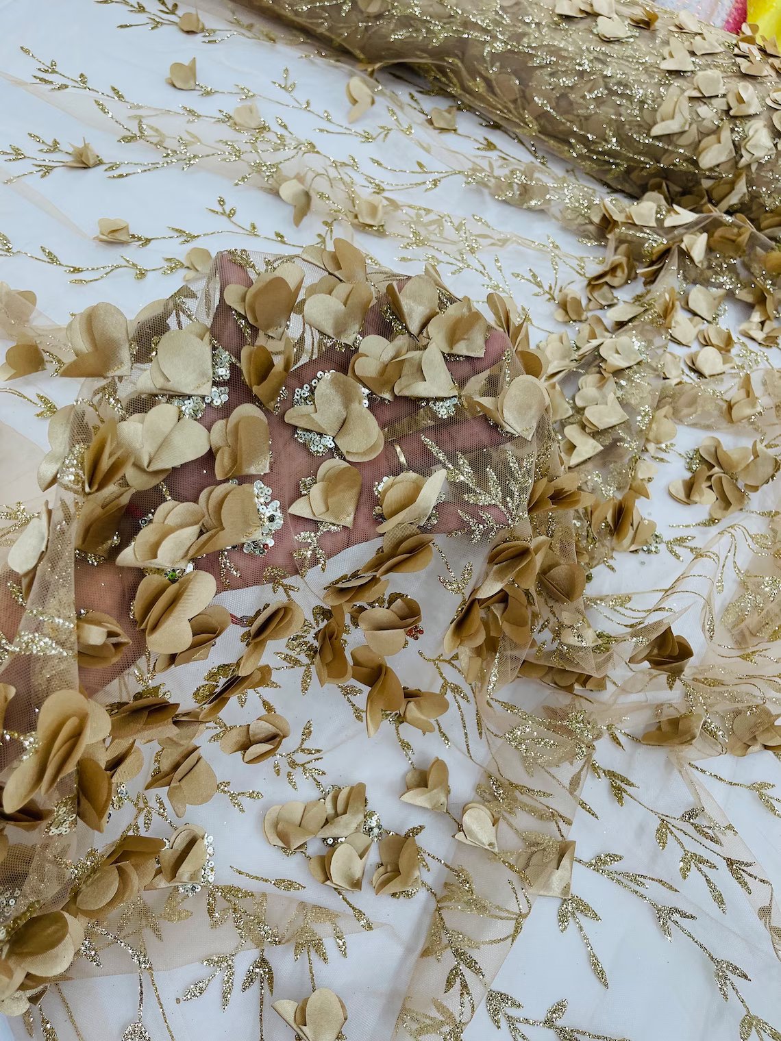 3D Flower Glitter Fabric - Champagne - Flower Design on Glitter Mesh Fabric Sold By Yard