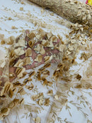 3D Flower Glitter Fabric - Champagne - Flower Design on Glitter Mesh Fabric Sold By Yard