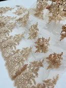 Corded Floral 3D Fabric - Champagne - Embroidered Floral Design on Lace Mesh Fabric by Yard
