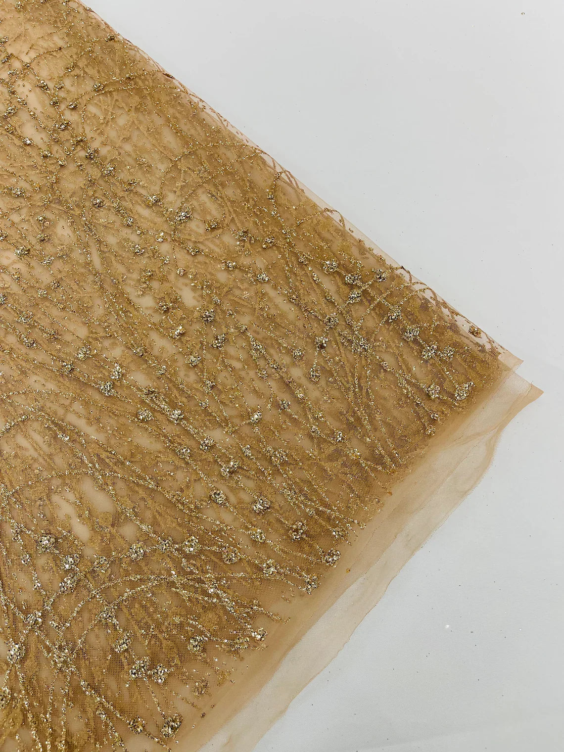 Tulle Glitter Fancy Line Fabric - Champagne - Tulle Fabric with Sparkle Glitter Design Sold By Yard