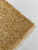 Tulle Glitter Fancy Line Fabric - Champagne - Tulle Fabric with Sparkle Glitter Design Sold By Yard