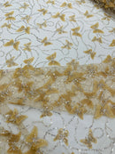 3D Butterfly Beaded Fabric - Champagne - Beaded Sequins Butterfly Embroidered Fabric By Yard
