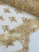 Beaded Floral Fabric - Champagne - Floral Cluster Design Fabric with Damask Border by Yard