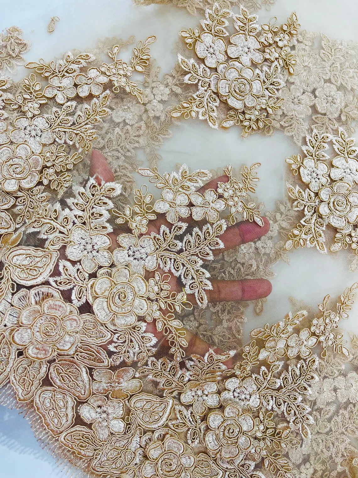 Corded Floral 3D Fabric - Champagne - Embroidered Floral Design on Lace Mesh Fabric by Yard