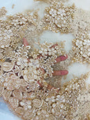 Corded Floral 3D Fabric - Champagne - Embroidered Floral Design on Lace Mesh Fabric by Yard