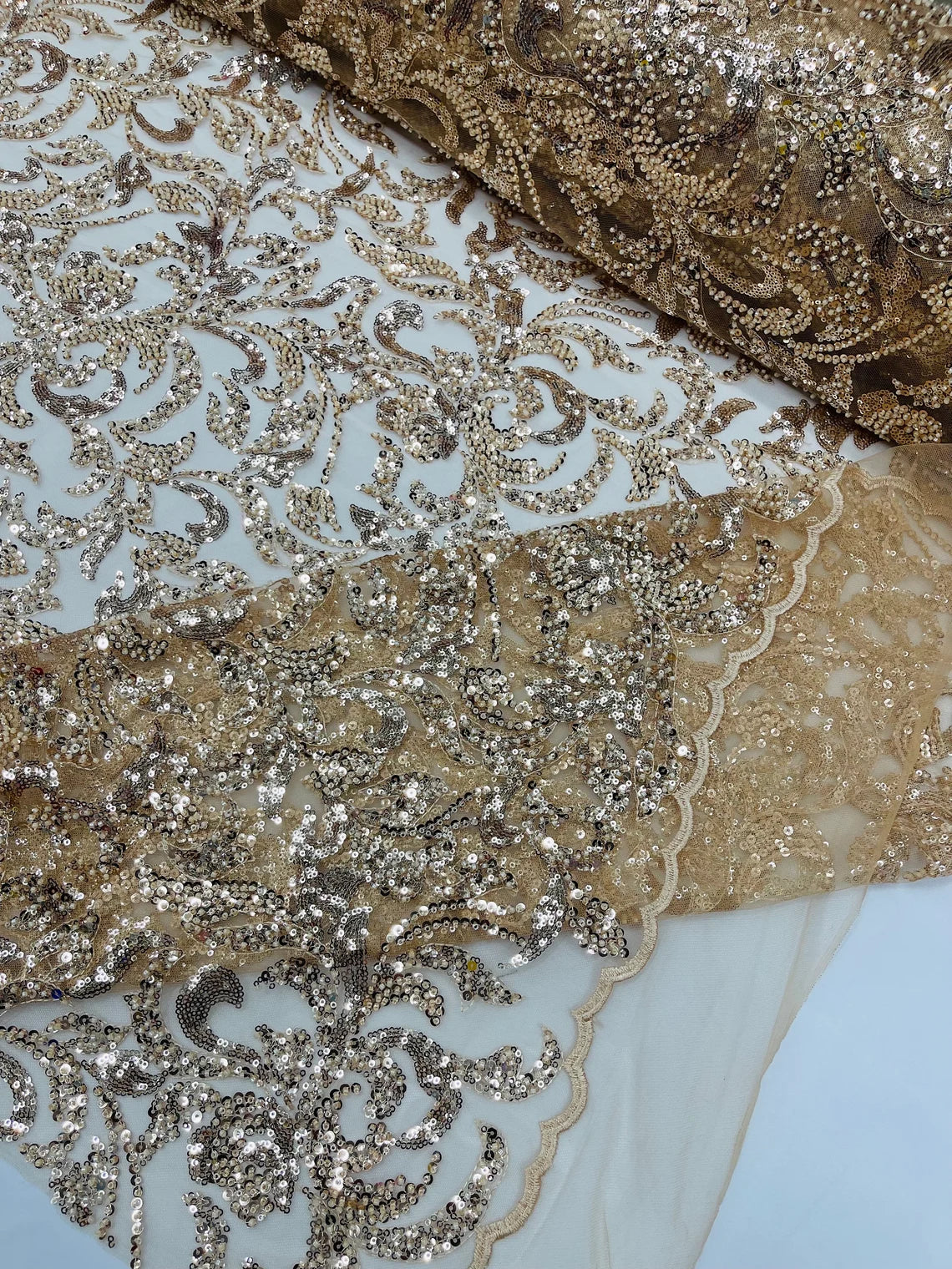 Beaded Flower Leaf Fabric - Champagne - Shiny Beads and Sequins in Flower Design on Lace by Yard