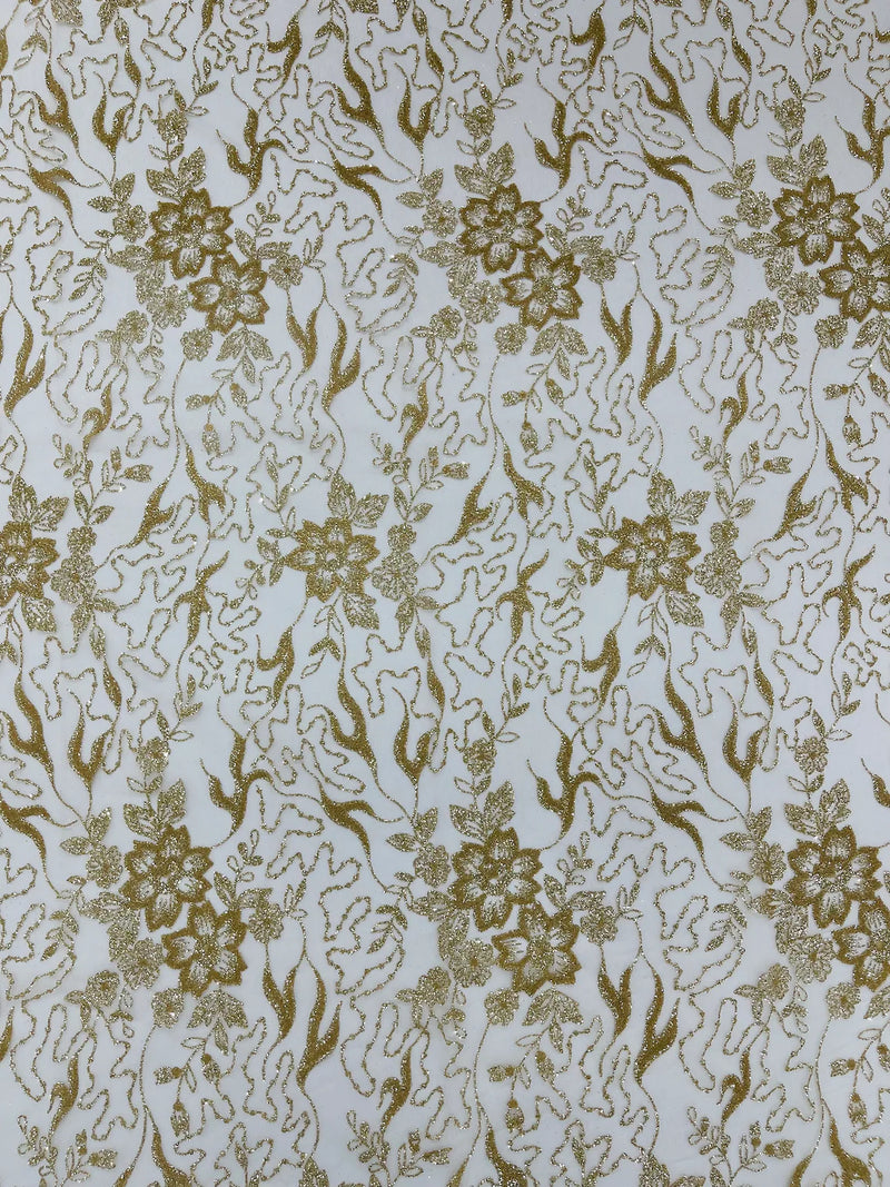 Flower Glitter Fabric - Champagne - 3D Floral Tulle Fabric for Wedding, Quinceañera By Yard