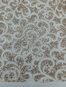 Beaded Swirl Design Fabric - Champagne - Swirl Design with Beads and Sequins on Lace by Yard
