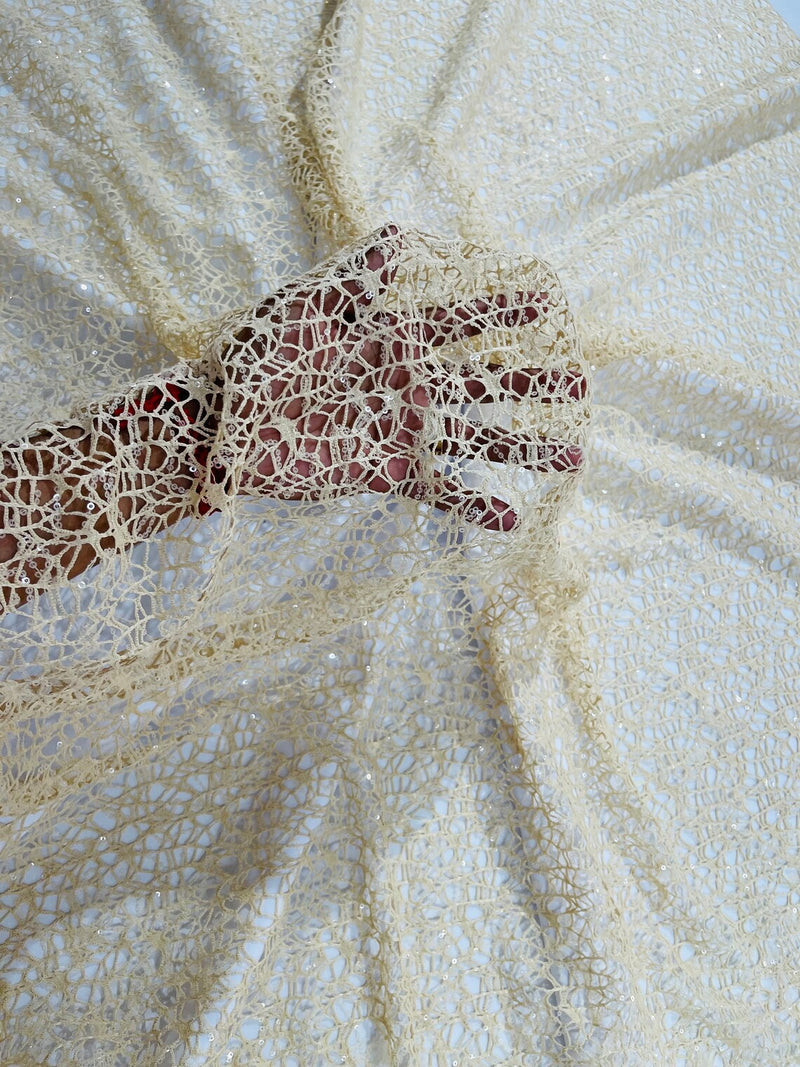 Cast Net Sequins Fabric - Champagne - Embroidery Fish Net Design Sequins Lace Fabric By Yard