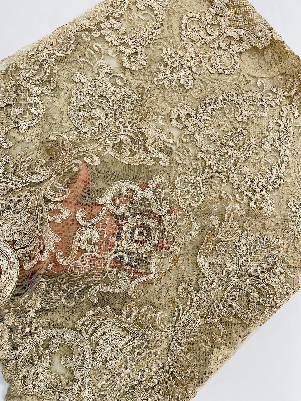 King Lace Pattern Fabric - Champagne - Embroidered Sequins on Lace Mesh Fabric By Yard     4231