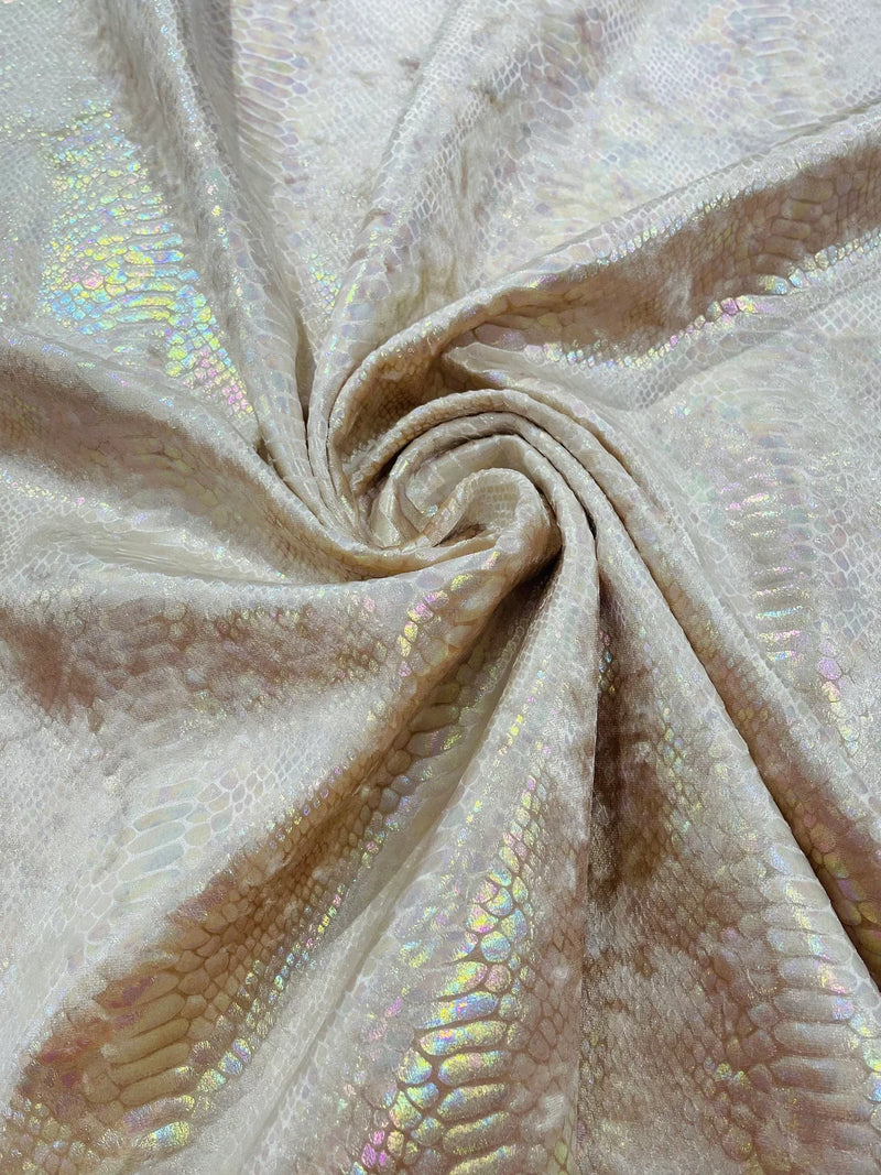 Anaconda Stretch Velvet - Champagne Iridescent - 58/60" Stretch Velvet Fabric with Anaconda Snake Print By Yard