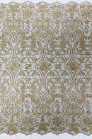 Fancy Damask Lace Fabric - Champagne on Black - Embroidered Damask Design Mesh on Lace Fabric by Yard
