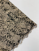 Fancy Damask Lace Fabric - Champagne on Black - Embroidered Damask Design Mesh on Lace Fabric by Yard