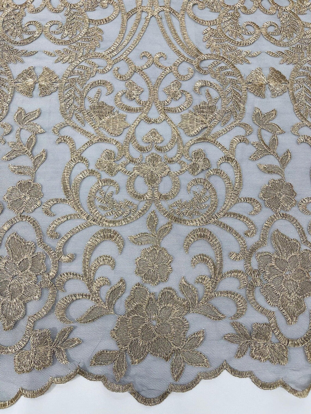 Fancy Damask Lace Fabric - Champagne on Black - Embroidered Damask Design Mesh on Lace Fabric by Yard