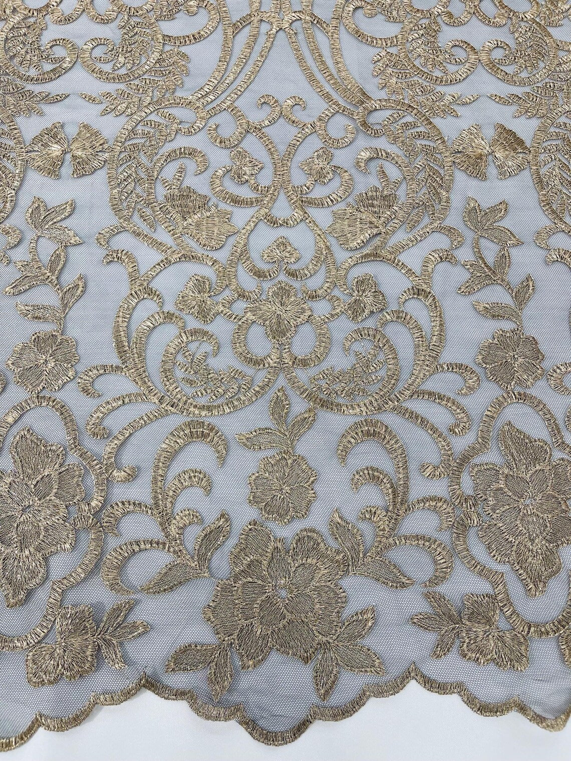 Fancy Damask Lace Fabric - Champagne on Black - Embroidered Damask Design Mesh on Lace Fabric by Yard
