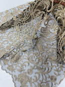 Fancy Damask Lace Fabric - Champagne on Black - Embroidered Damask Design Mesh on Lace Fabric by Yard