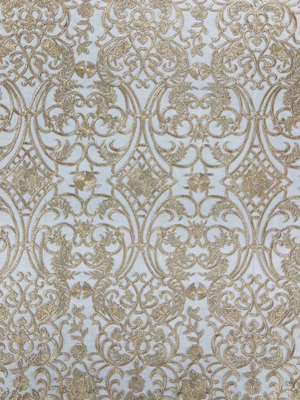 Fancy Damask Lace Fabric - Champagne on Black - Embroidered Damask Design Mesh on Lace Fabric by Yard