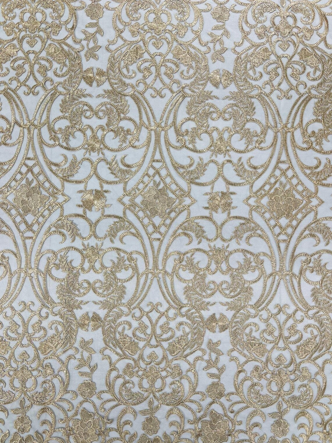 Fancy Damask Lace Fabric - Champagne on Black - Embroidered Damask Design Mesh on Lace Fabric by Yard
