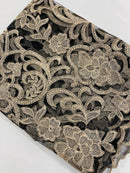 Fancy Damask Lace Fabric - Champagne on Black - Embroidered Damask Design Mesh on Lace Fabric by Yard